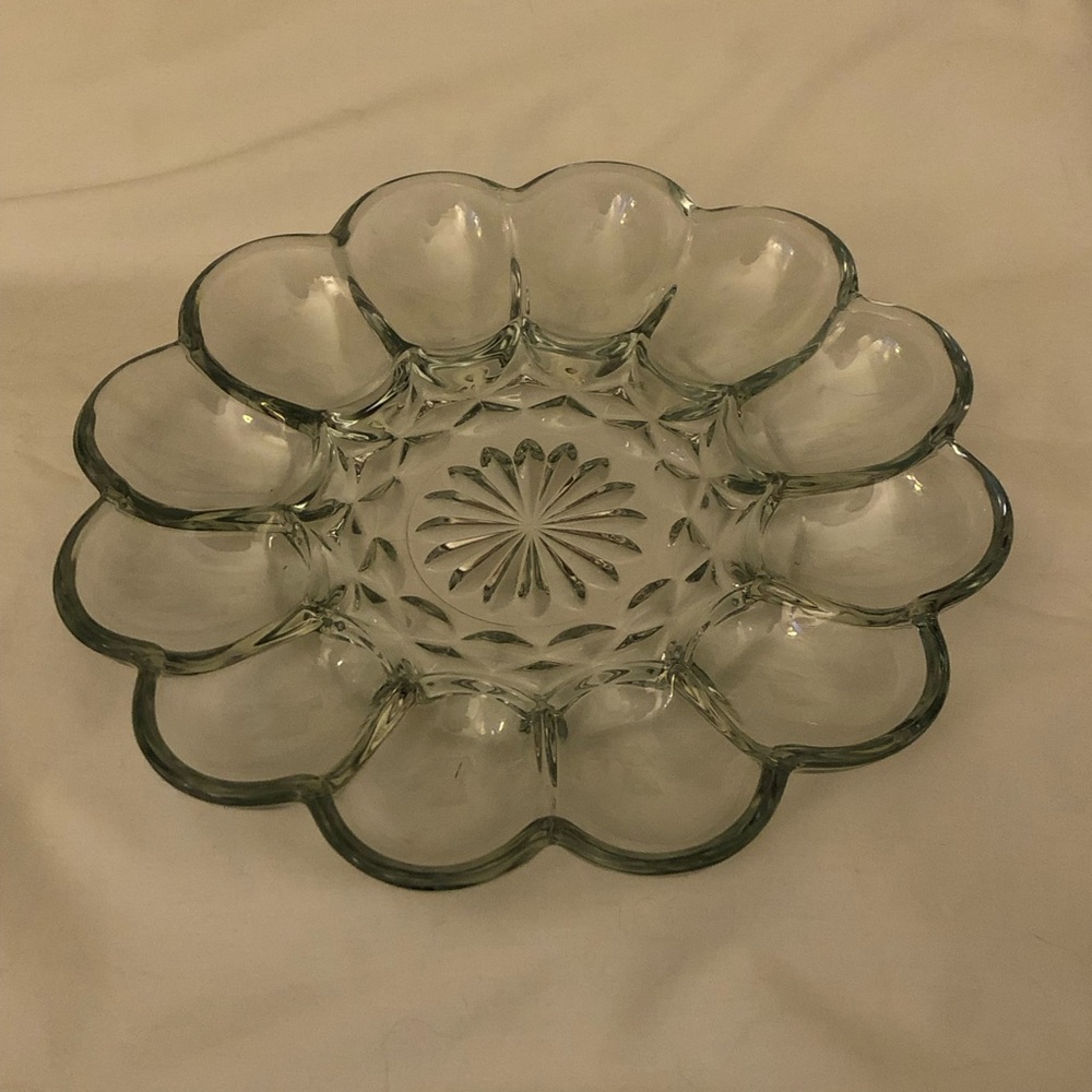 Anchor Hocking Deviled Egg Platter Vintage Glass Scalloped Pretty!